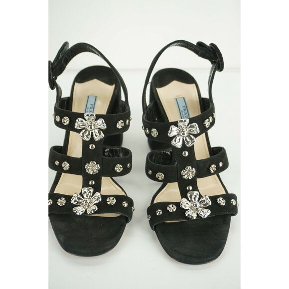 Prada Black Suede Silver Flower Studded Caged Strappy Sandals - Picture 10 of 10